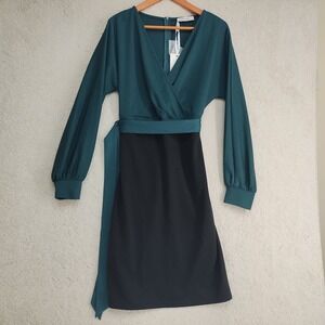 Grace Karin Dress Womens L Teal Black Colorblock Wrap Belted Long Sleeve